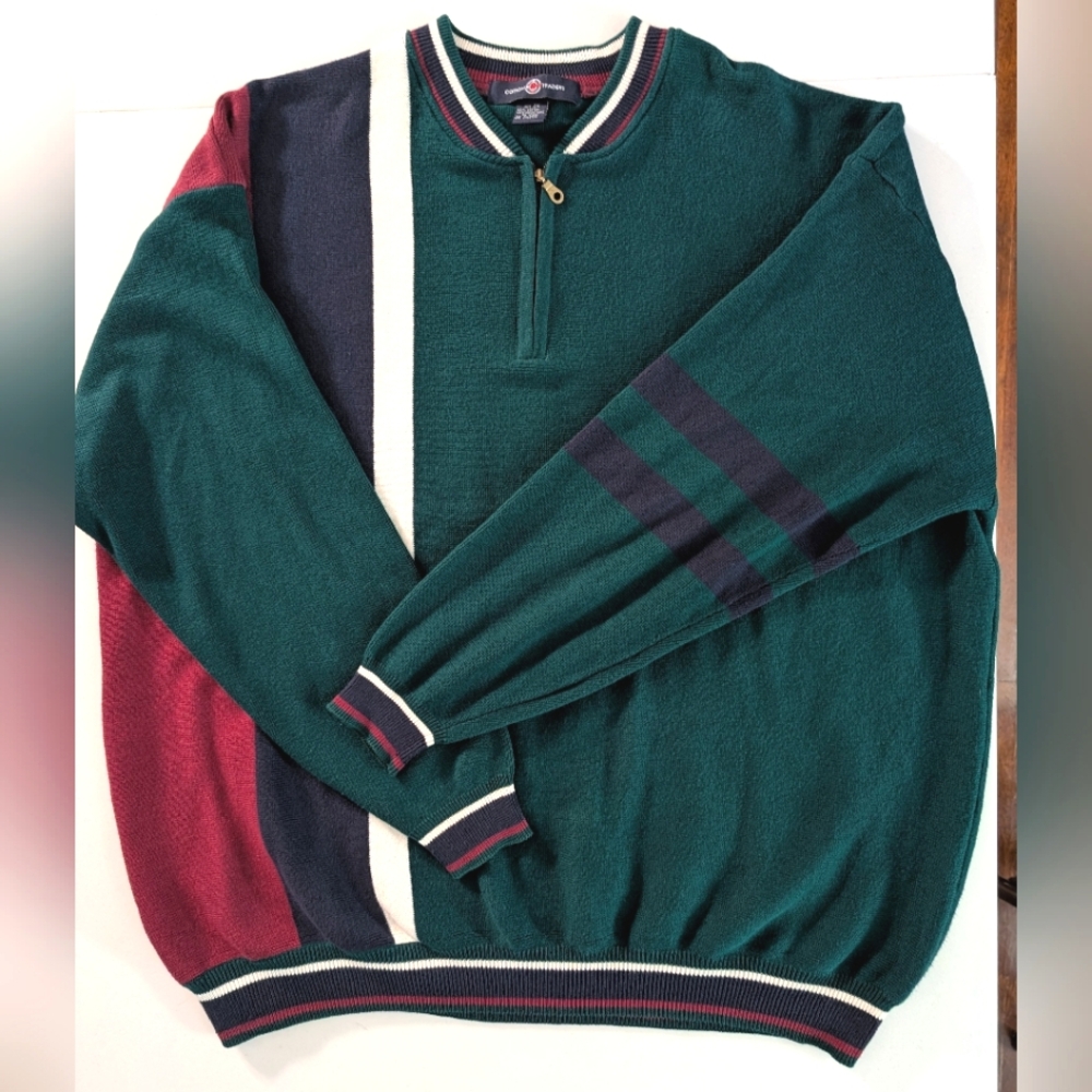 90s Cotton Traders oversized half zip magenta, hunter green, blue sweater. 2X.